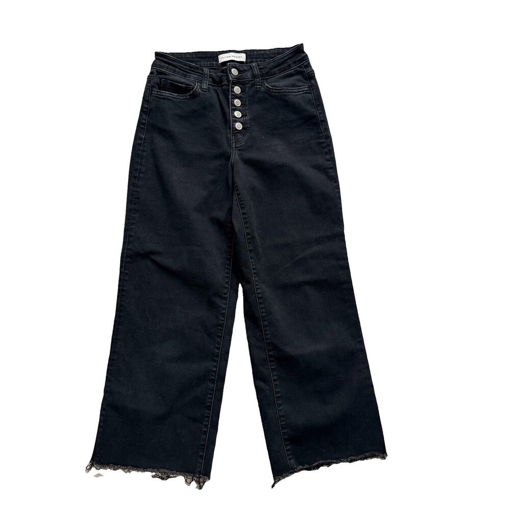 Flying Monkey Jeans Womens 27 Black Wide Leg High Rise Button Fly Raw Hem Y3187